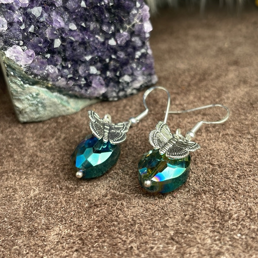 Austrian Crystal With Silver Charm Butterfly Dangling Artisan Earrings - Picture 6 of 13
